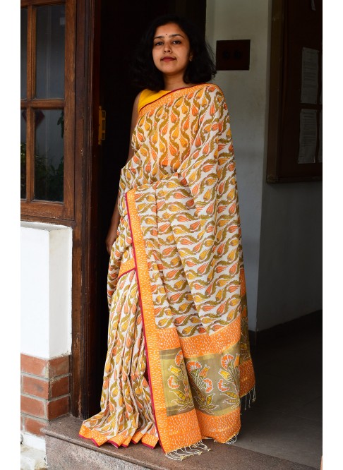 Off-White,Orange & Green,  Handwoven Organic Cotton, Textured Weave , Hand printed,  Hand dyed, Occasion Wear, Jari Saree